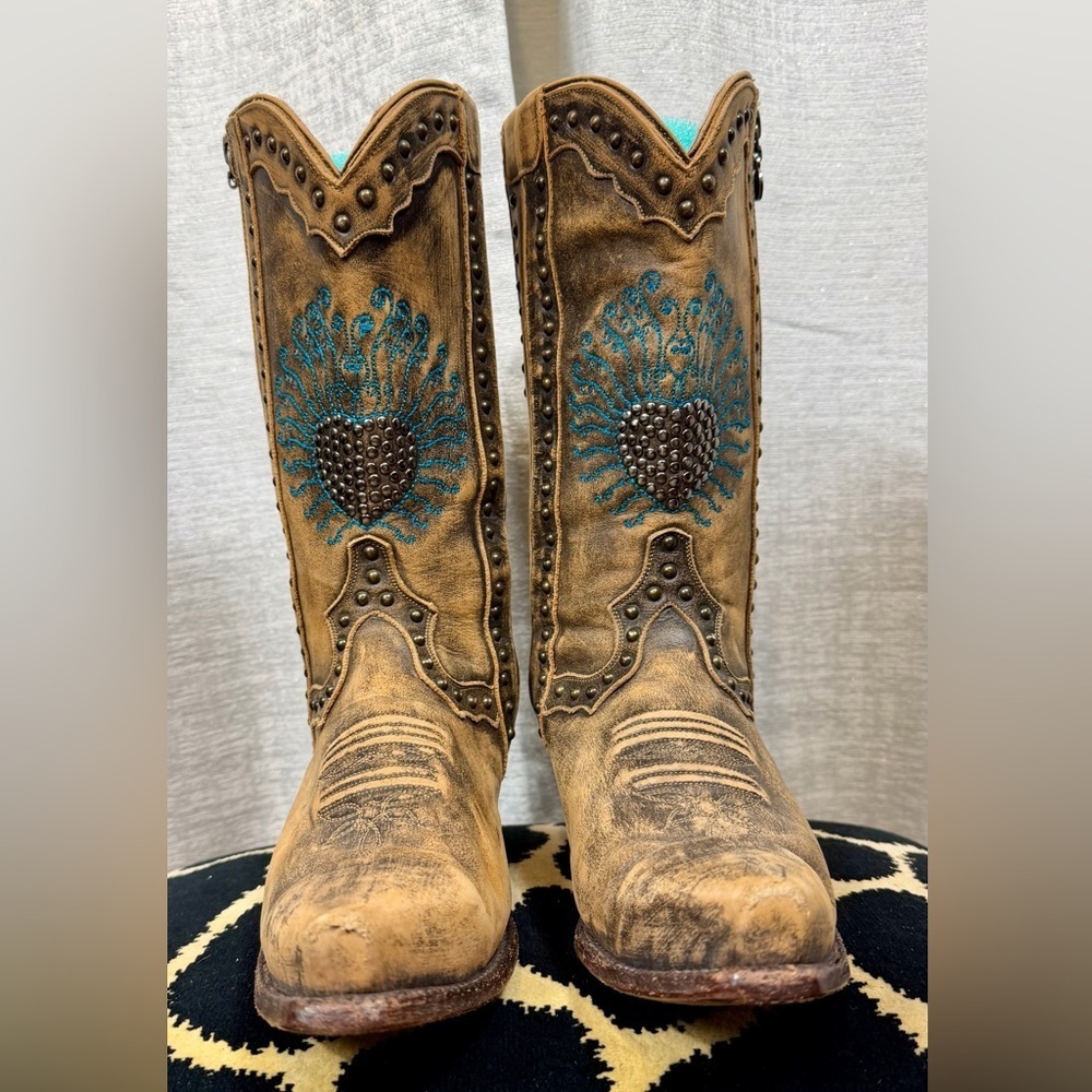 Dan Post DP3441 Distressed Leather Turquoise Heart Cowgirl Boots 6.5M – Western - Picture 3 of 8